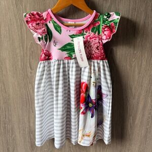 Penelope Plumm Llama Floral Striped Dress Girls 4 Pink Grey Flutter Sleeve NWT